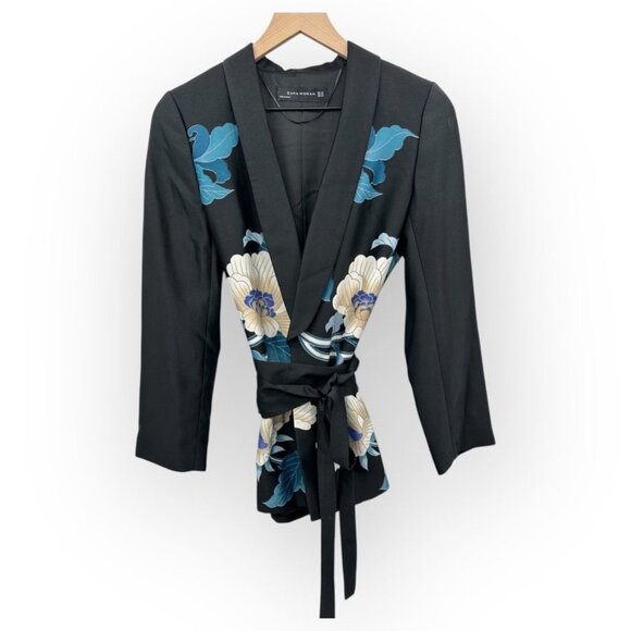 Zara Floral Printed Black Tie-Waist Kimono Blazer Jacket Wrap Belt - Picture 4 of 8